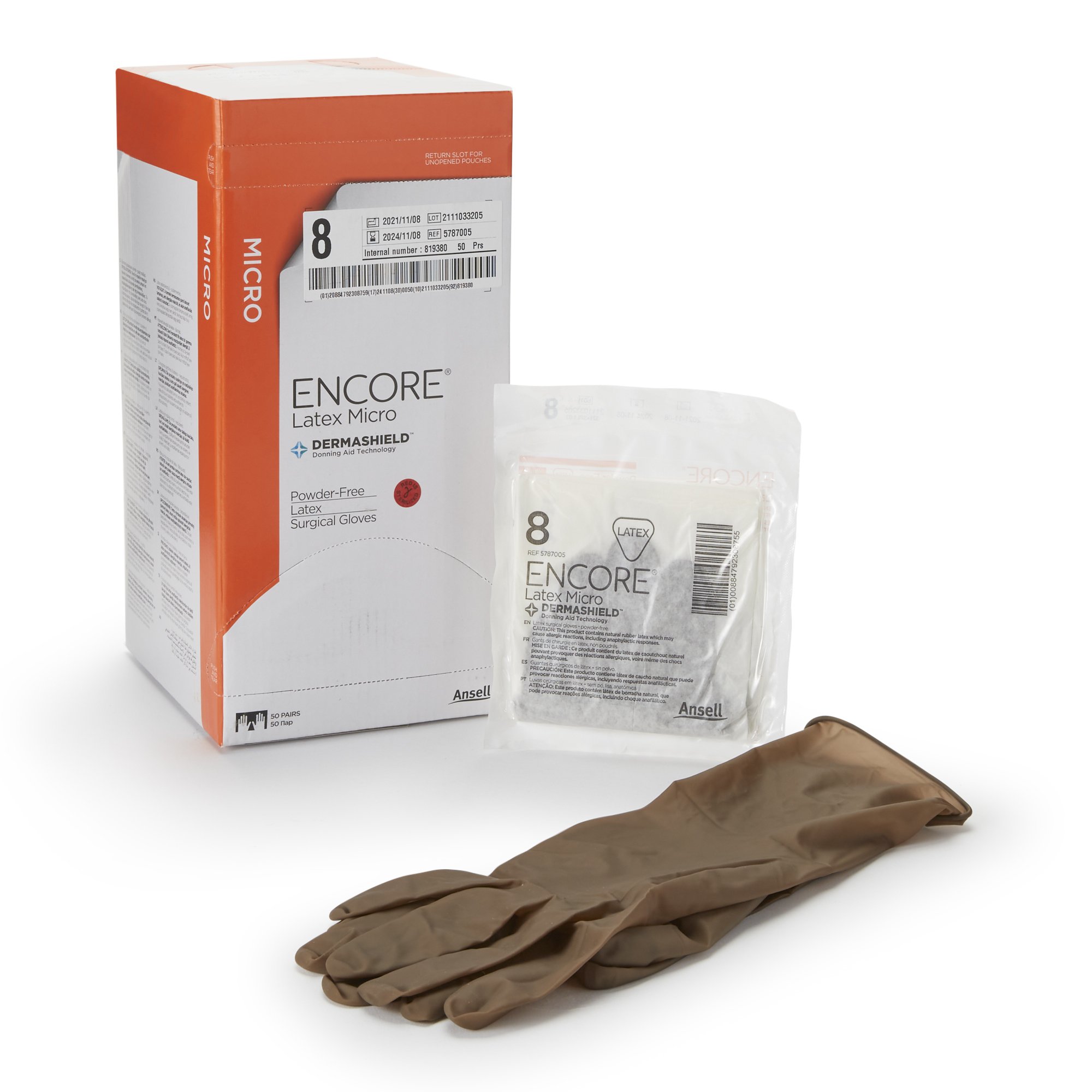 Gloves Surgical ENCORE® Latex Micro Size 8 Sterile Latex Standard Cuff Length Micro-Textured Brown Chemo Tested (50PR/BX 4BX/CS) by Ansell Healthcare Products LLC  ID 5787005